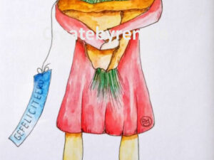 Vrouw achter bos bloemen, gefeliciteerd Nr. 41