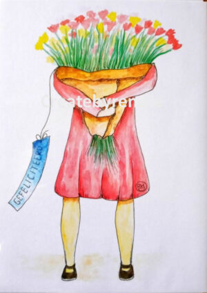Vrouw achter bos bloemen, gefeliciteerd Nr. 41